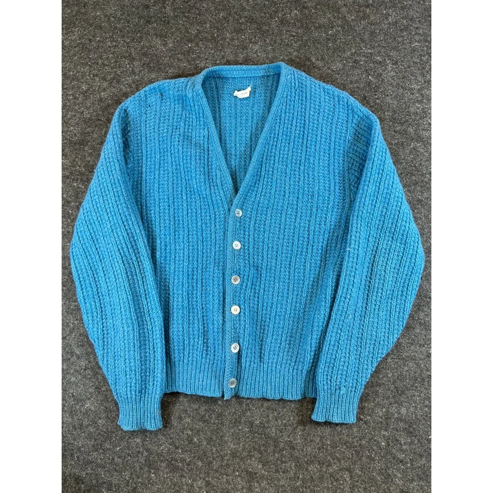 VTG 60s Wool Knit Cardigan Mens XL Blue Ribbed Button Front Sweater Rockabilly